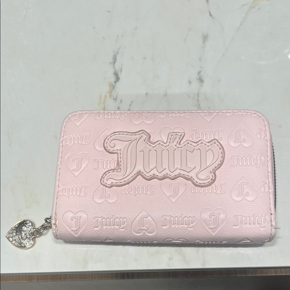 Juicy Couture Light Pink Embossed Zip Wallet with Jeweled Heart Pull